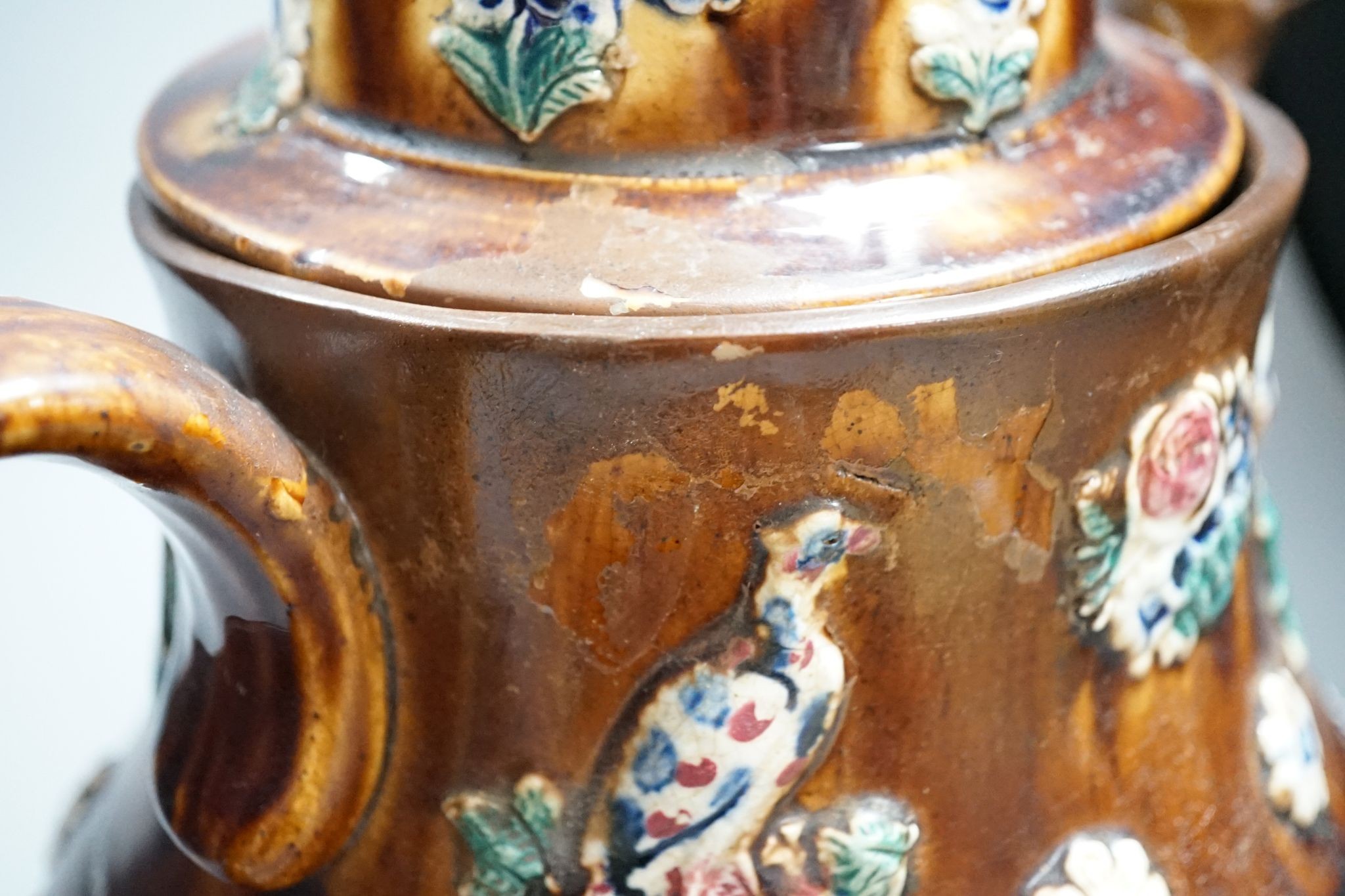 A large Measham bargeware teapot, 1886 (restored) 40cm